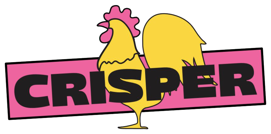 Logo of Crisper with a yellow cartoon chicken on a pink background