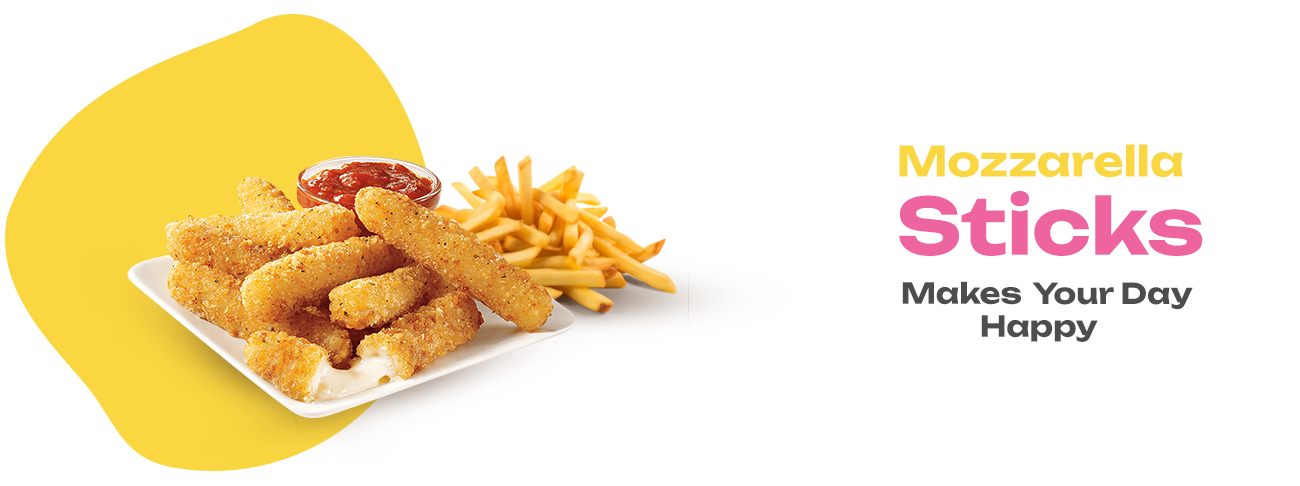 Mozzarella sticks with fries and ketchup on a white plate against a yellow background, with text 'Mozzarella Sticks Makes Your Day Happy'.